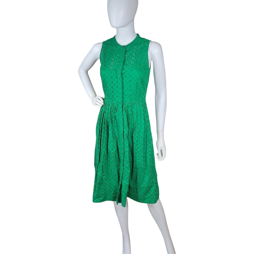 J Crew Eyelet Dress Womens 00 Kelly Green Sleeveless Button Front Clover Preppy